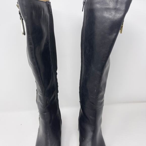 Issac Mizrahi Womens 6 Black Arno Leather Tall Boots Gold Exposed Zipper Flat - Picture 8 of 13